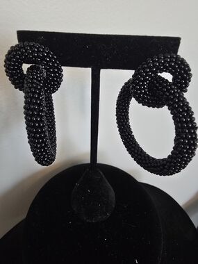 Black Beaded Double Hoop Earrings - Women Jewelry